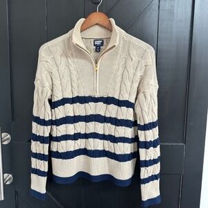Lands End Drifter Womens XS Sweater Ivory Navy Blue Striped Cable Knit 1/4 Zip